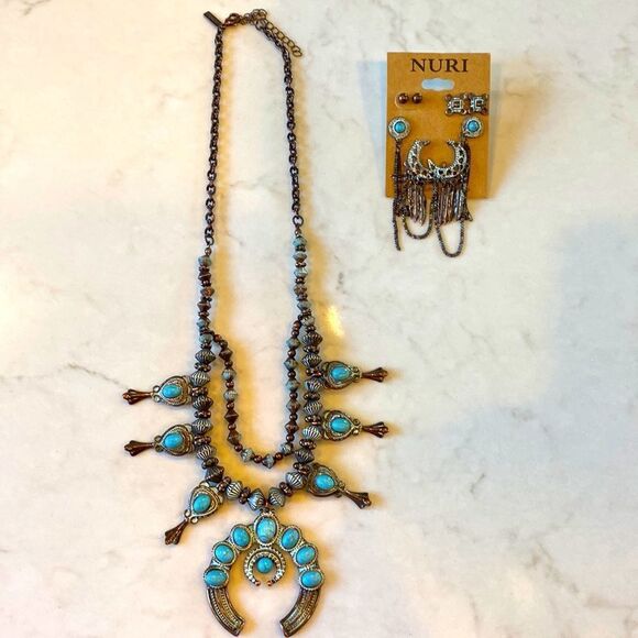 Copper color faux turquoise concho  style with earrings brand new - Picture 1 of 4